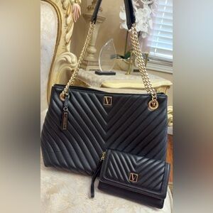 Victoria's Secret Black Quilted Tote with Gold Chain Handles